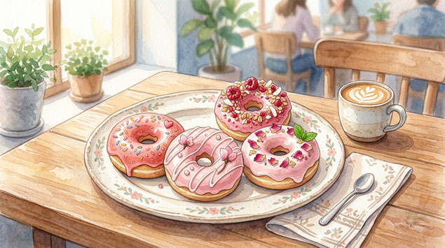 お皿の上に綺麗に並べられた4種類のピンク色のドーナツの水彩画イラスト