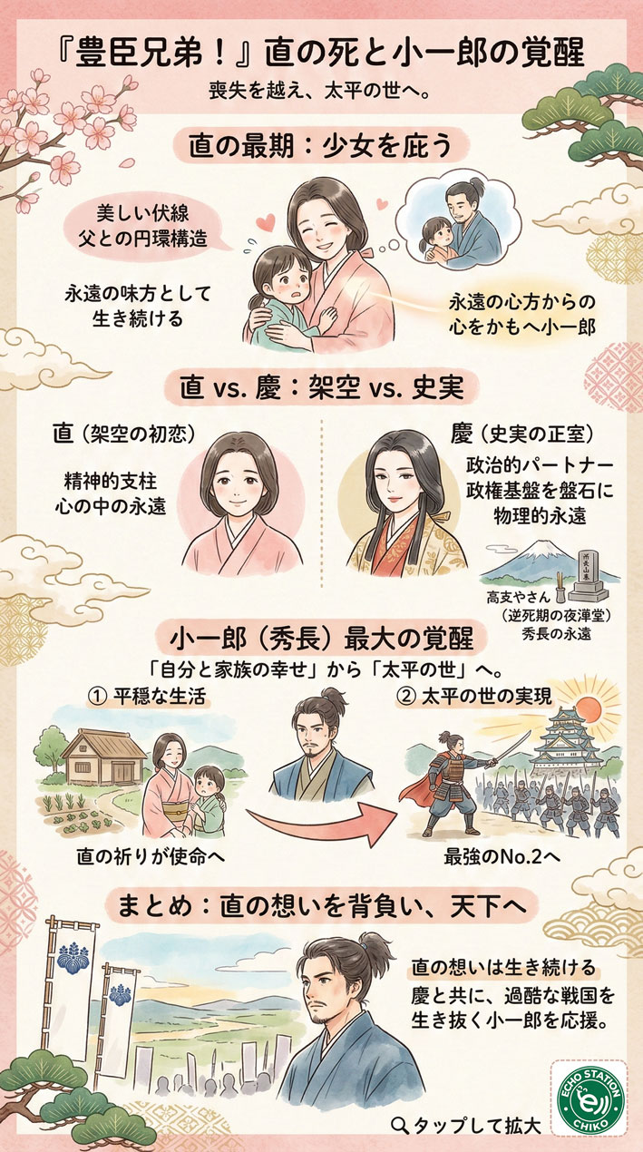  戦国武将が 妻を両手でお姫様抱っこしているお互い顔を見つめ合う、戦国武将の目には涙 多分妻は死んでいる その背景がわかるインフォグラフィック
