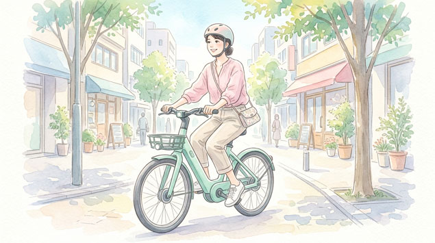 こがない自転車で街を走る女性のイラスト