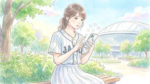 WBC観戦中のSNS動画投稿はとりあえず我慢して、試合終了後球場を出たあとにSNSに動画を上げている女性。