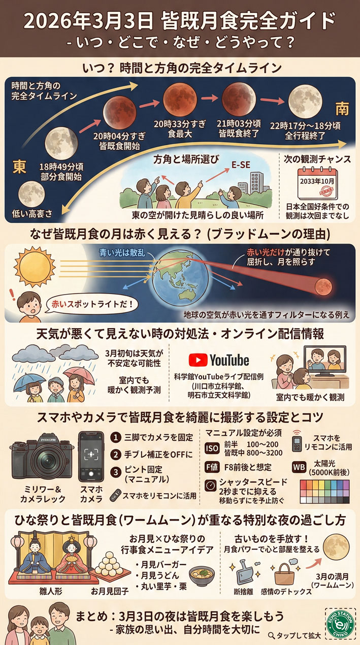 ひな祭りの夜に皆既月食【2026年3月3日】時間・方角・赤い理由と撮り方