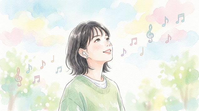 イヤホンで音楽を聴きながら未来の新機能に期待する女性のイラスト