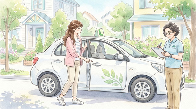 スマホで教習所の情報を調べる女性の水彩画イラスト