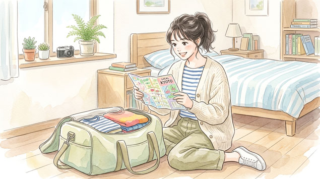 スマホで教習所の情報を調べる女性の水彩画イラスト