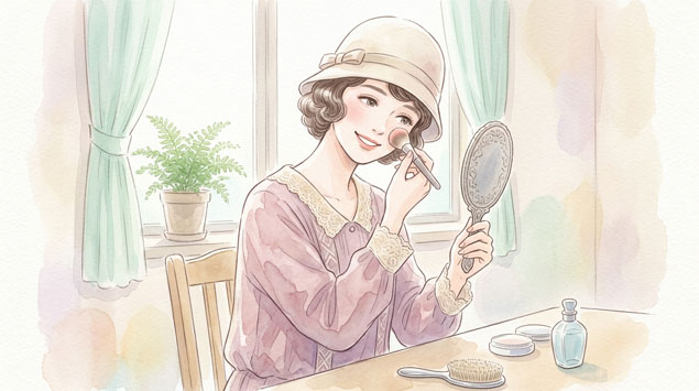 ボブヘアでおしゃれな洋服を着てメイクを楽しむモダンガールのイラスト