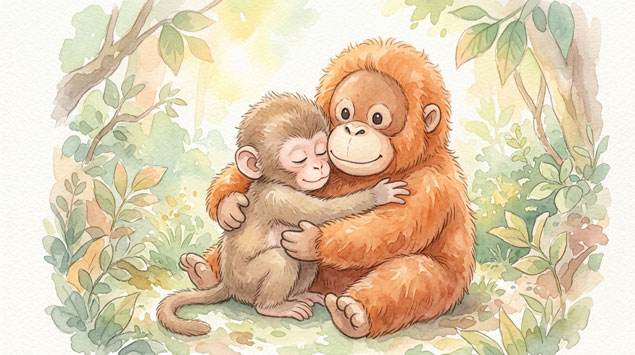 オランウータンのぬいぐるみを抱く子ザルのイラスト" title: "ぬいぐるみと子ザル_水彩画"