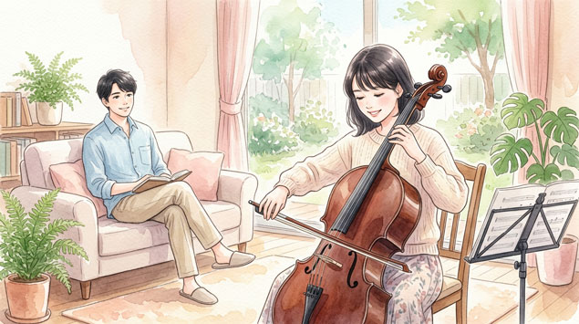 チェロを弾く女性を優しく見守る男性の水彩画イラスト