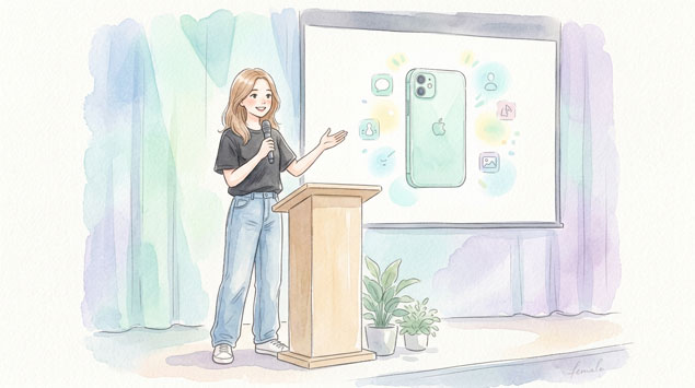 iphone17e発表で黒いTシャツを着ていステージで頑張ってるCHICOちゃんと発表できたかな?