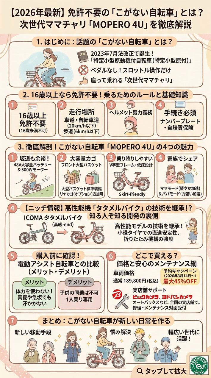 こがない自転車で街を走る女性のイラスト この画像でブログ全体を把握できます