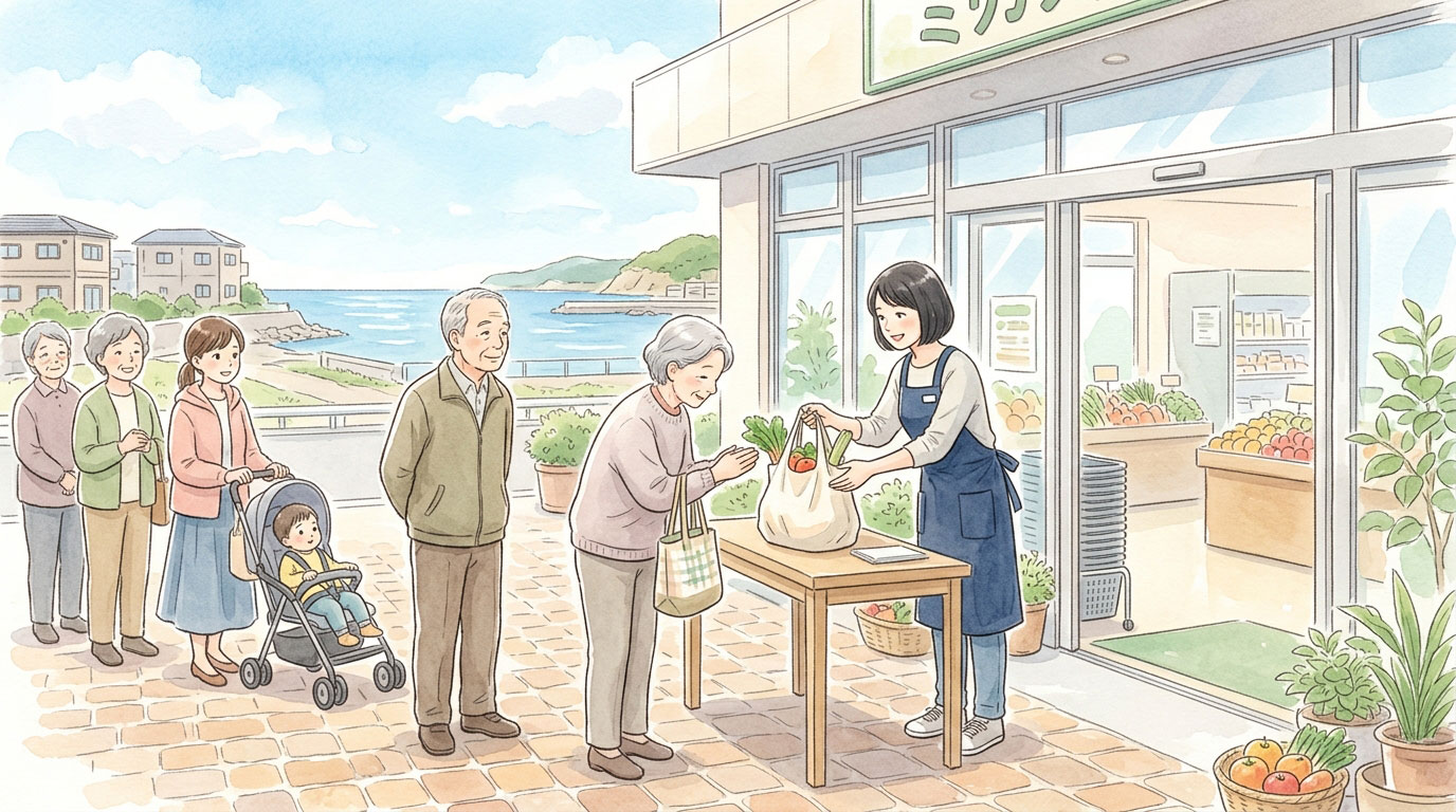 東日本大震災で住民を救ったスーパー｜西友汐見台店の店頭で無料で近隣住民に商品を配っている情景イメージ図