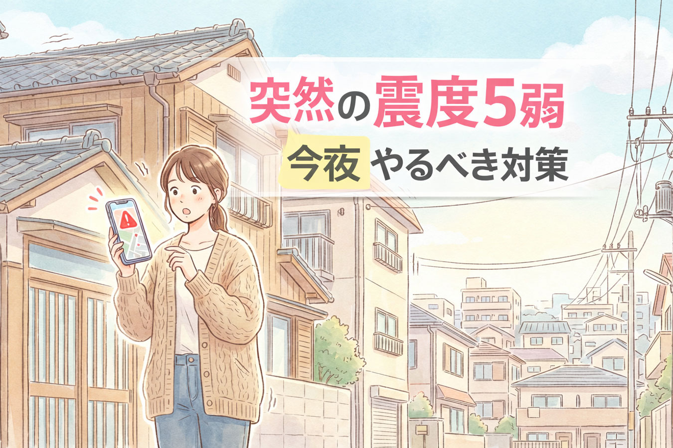 地震速報に驚く女性と関東の住宅街の様子 サムネイル 段目（大きく・強め） 👉 突然の震度5弱 2段目（少し小さく） 👉 今夜やるべき対策