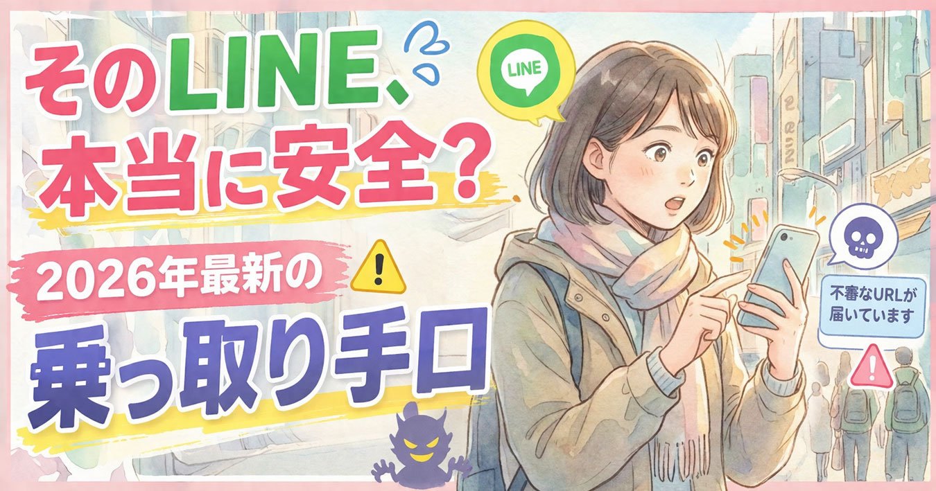 LINEの不審なメッセージに驚く女性【サムネ用キャッチコピー】 1段目 そのLINE、本当に安全？ 2段目 2026年最新の乗っ取り手口