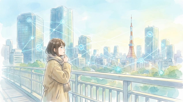 デジタル赤字やデータ経済の流れをイメージした日本の都市とネットワーク