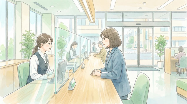銀行窓口で相談する女性