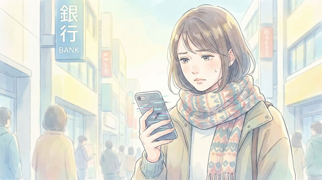 スマホ決済や銀行アプリが使えず困る女性