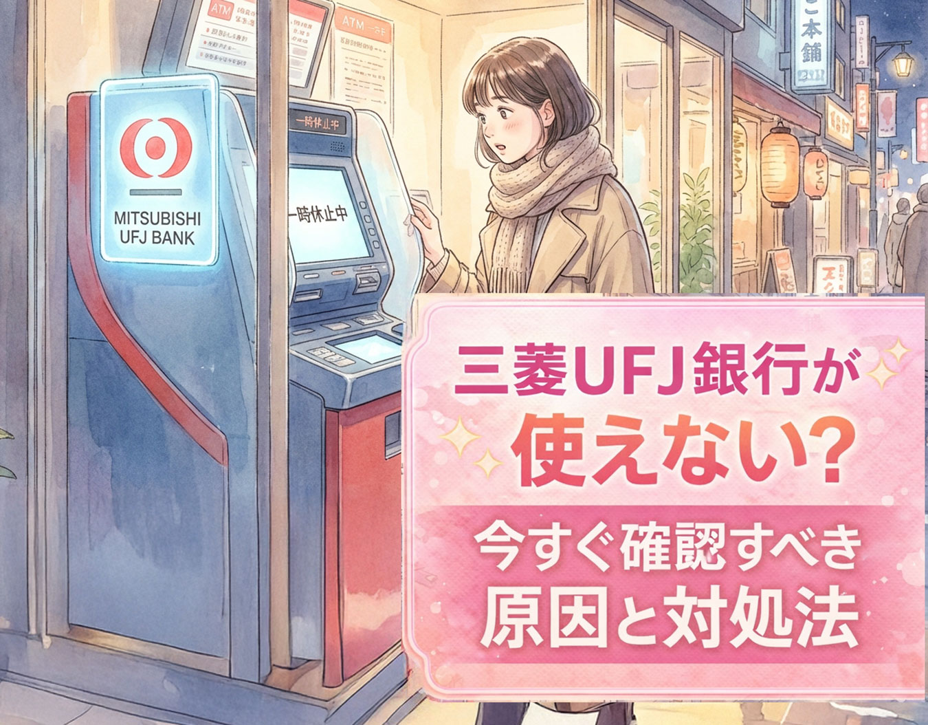 三菱UFJ銀行のATMが使えず困っている女性