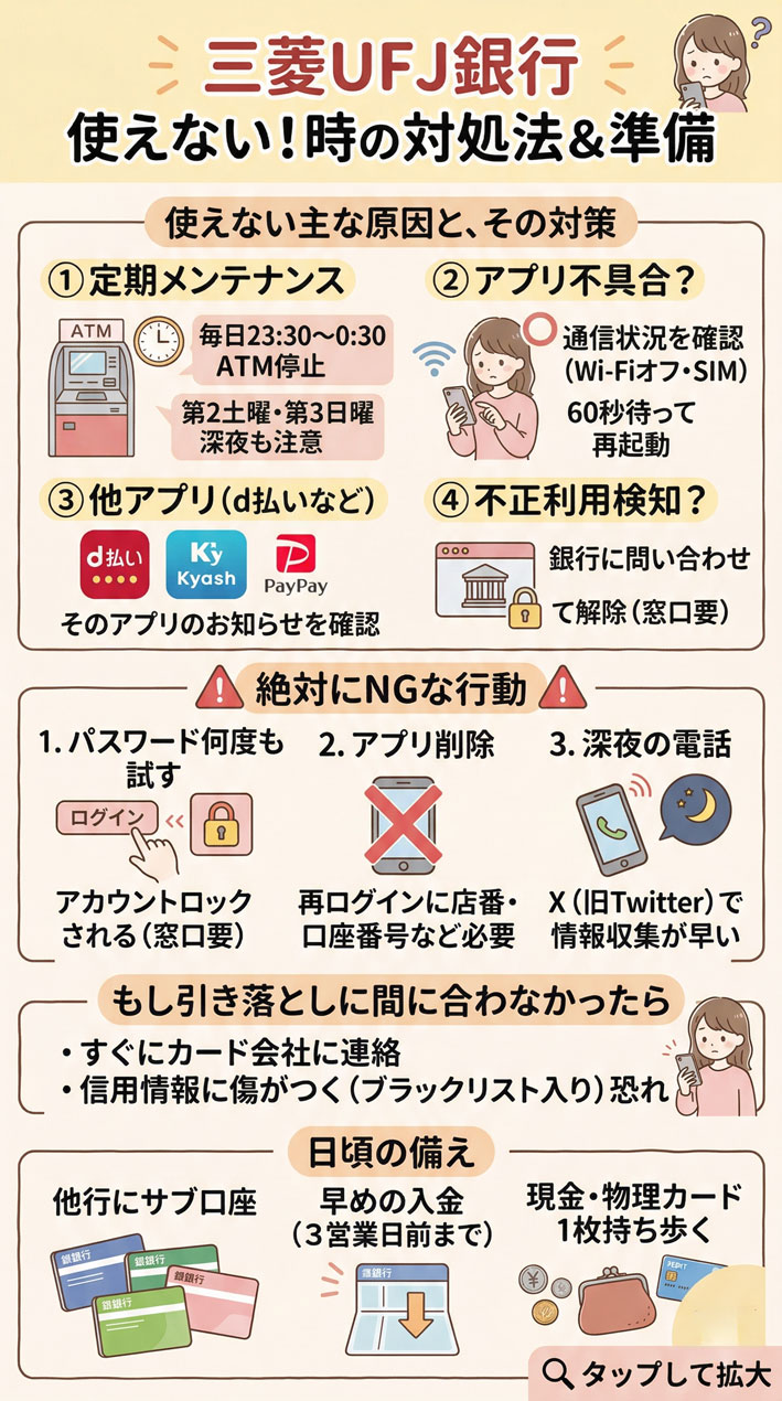 三菱UFJ銀行が使えない原因は？今すぐできる対処法とNG行動まとめインフォグラフ