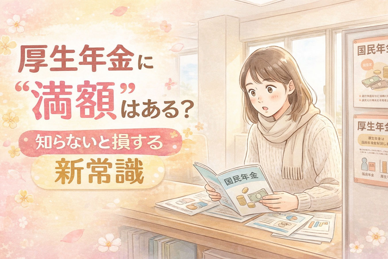厚生年金と国民年金の違いを確認する女性 サムネキャッチコピー（1枚目） 厚生年金に満額はある？ 知らないと損する新常識