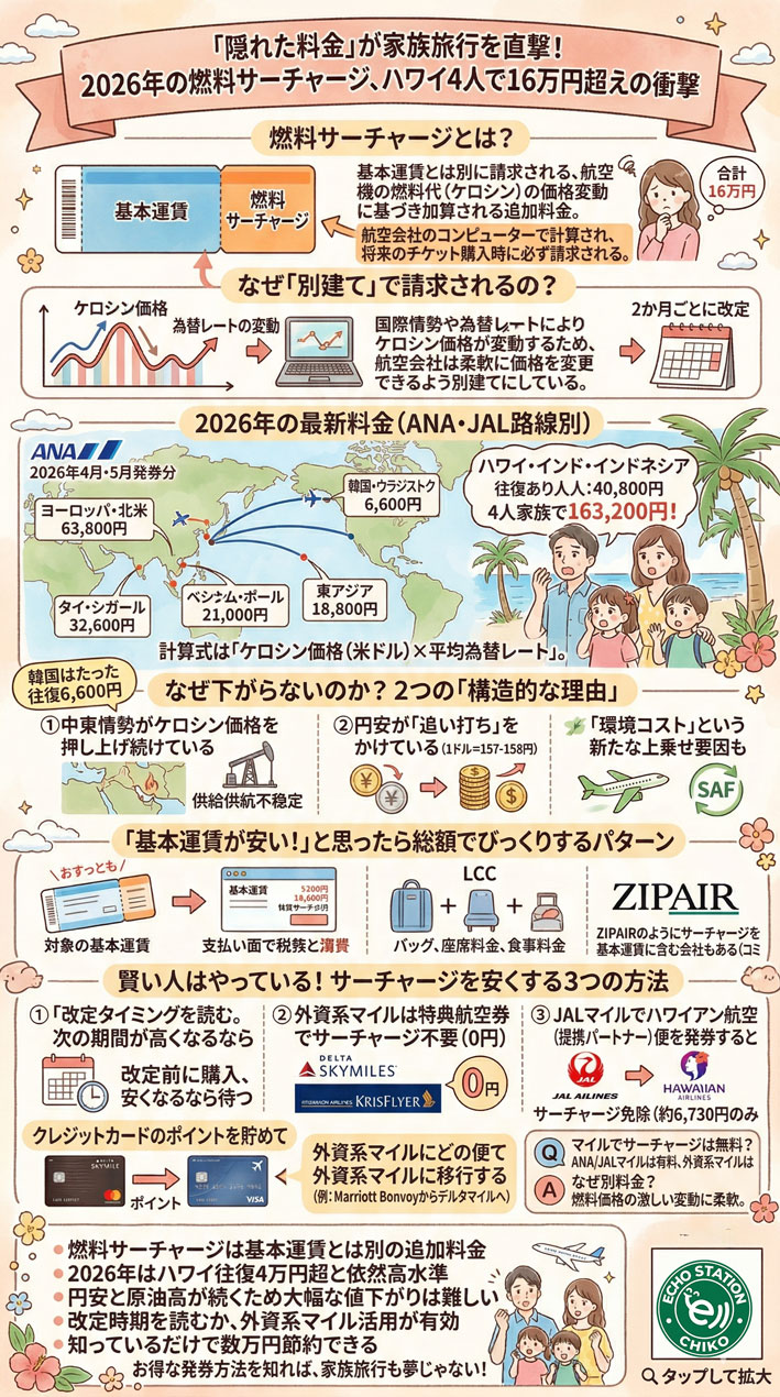 航空券の隠れた料金に注意！2026年燃料サーチャージ最新と節約術 インフォグラフ