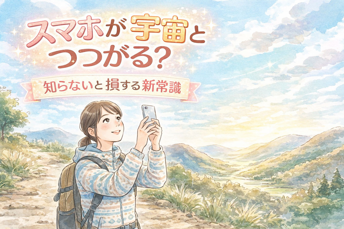 山でスマホを見ながら空を見上げる女性サムネキャッチコピー（1枚目） スマホが宇宙とつながる？ 知らないと損する新常識