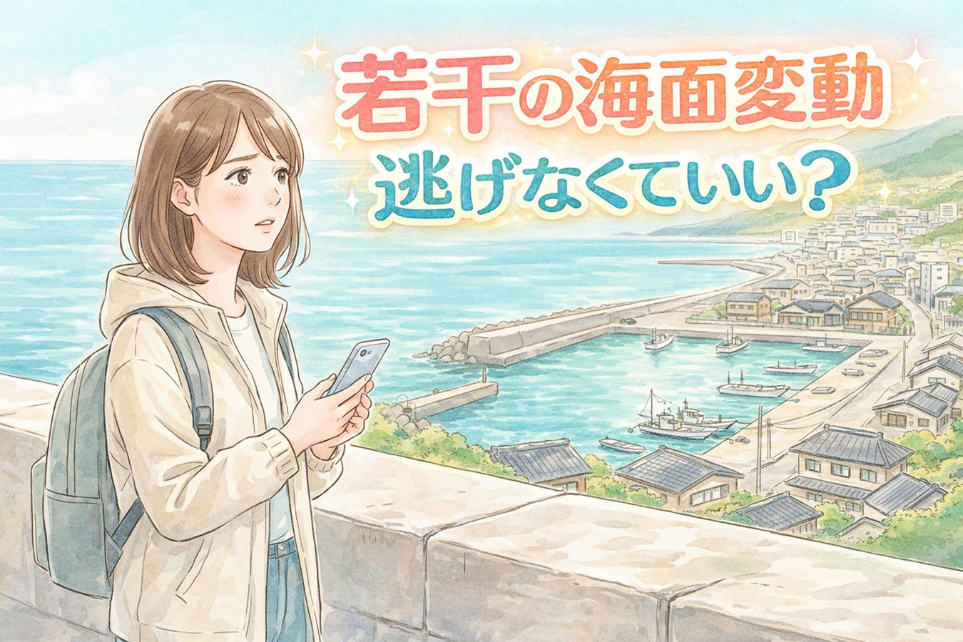 【1枚目画像用サムネキャッチコピー】 1段目：若干の海面変動 2段目：逃げなくていい？ 繰り返し来る波の怖さを見つめる女性のイラスト"