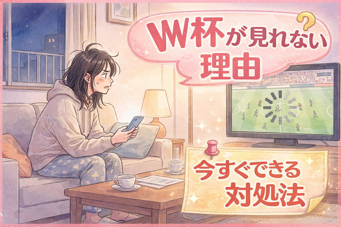 サッカー配信が止まりテレビが読み込み中で困る女性 回線トラブルのイメージ