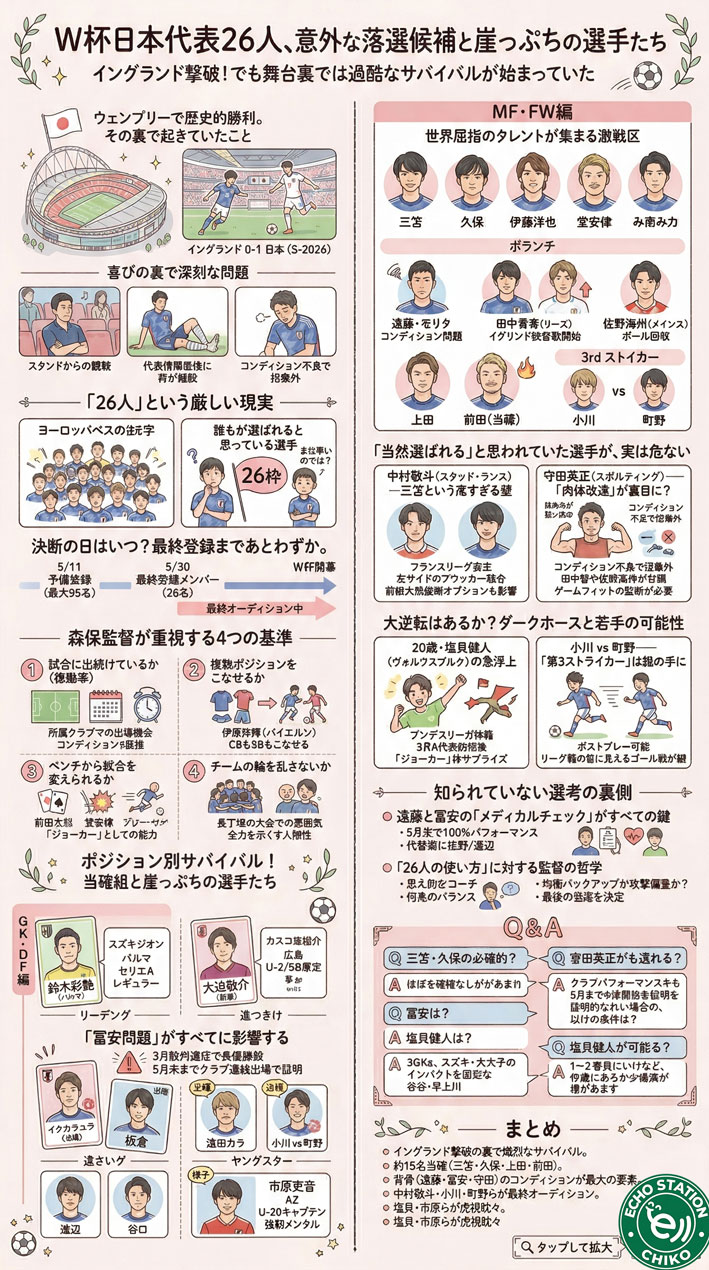 三笘・久保は当確でも…日本代表26人に落ちるのは誰？W杯選考の裏側インフォグラフ