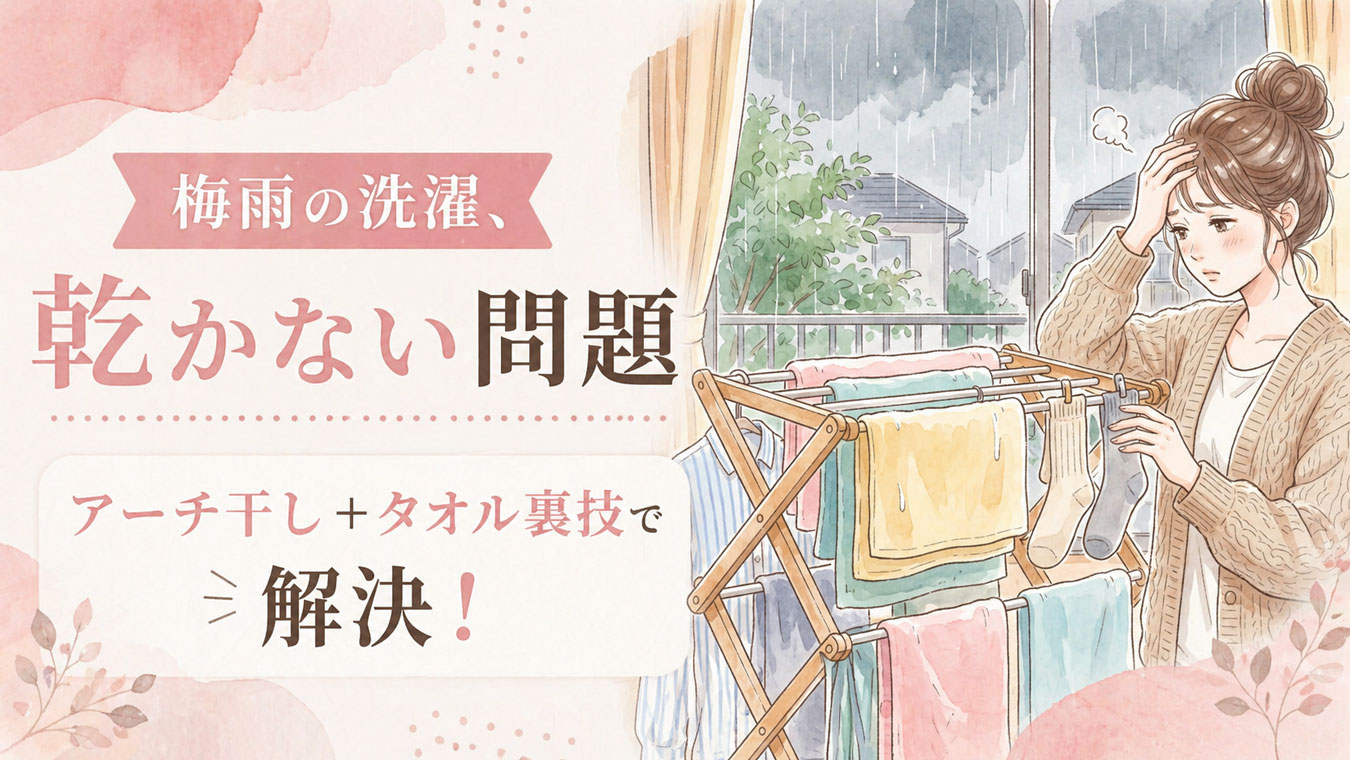 部屋干しの洗濯物を眺めてため息をつく女性のイラスト