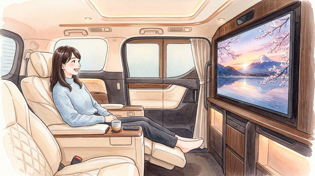 高級黒ミニバンの前に立つ女性