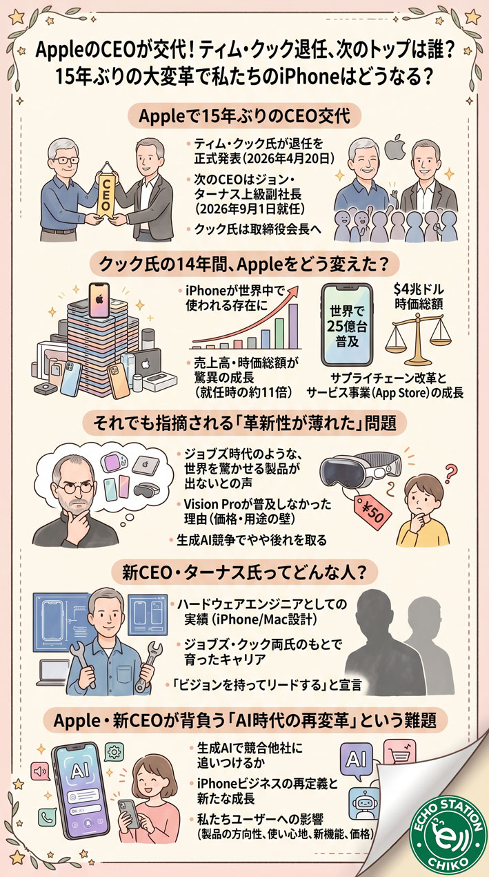 AppleのCEOが交代！ティム・クック退任、次のトップは誰？15年ぶりの大変革で私たちのiPhoneはどうなる？ インフォグラフ