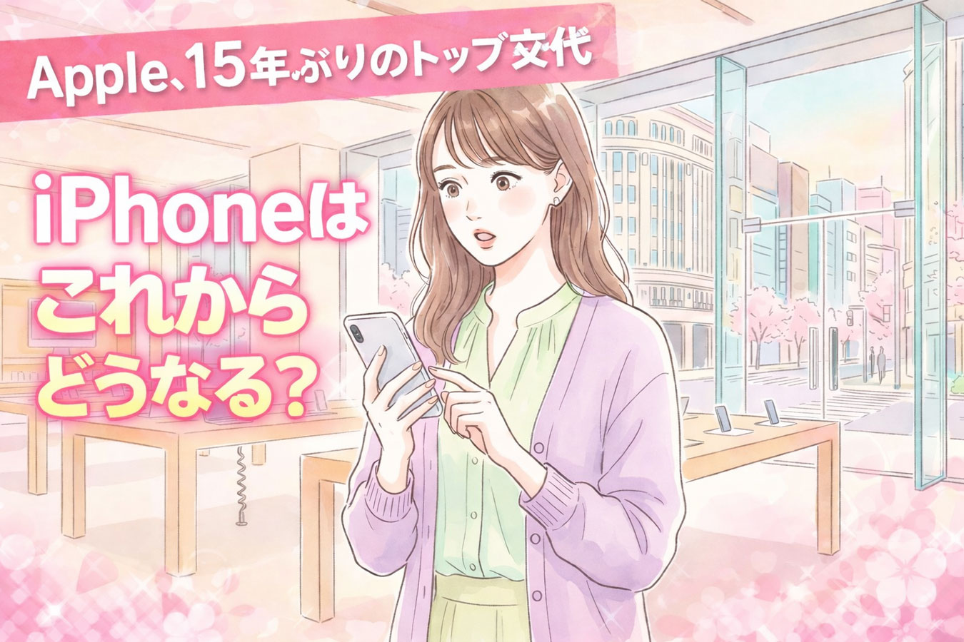 アップルストアの店内でスマートフォンを見て驚く20代日本人女性