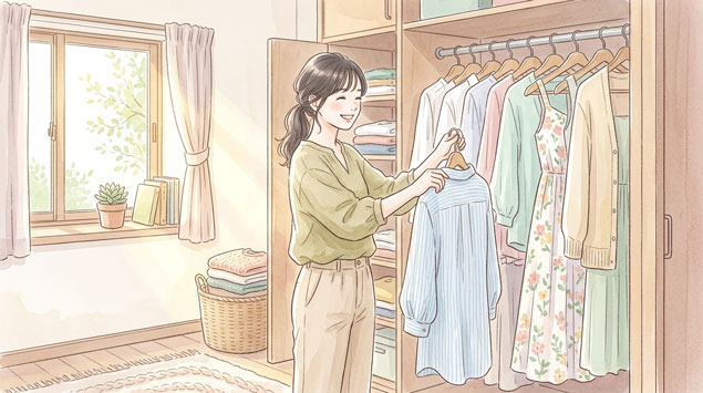 PIC5 | alt: クローゼットの前で衣替えをする女性のイラスト