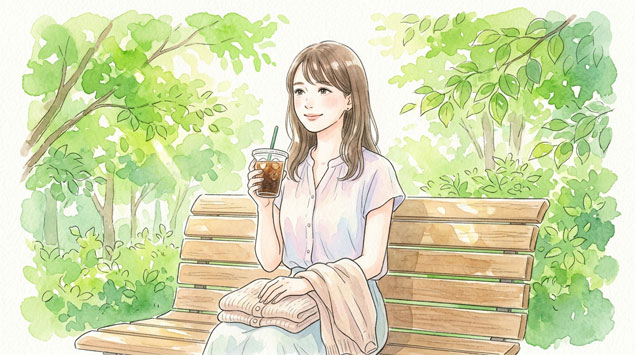 PIC6 | alt: 春の公園で軽やかな薄手ブラウスを着てコーヒーを飲む女性のイラスト