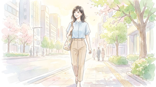 PIC4 | alt: ポロシャツとスラックス姿で颯爽と歩く女性のイラスト