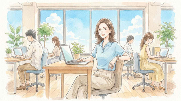 PIC2 | alt: 明るいオフィスでポロシャツ姿で働く女性のイラスト