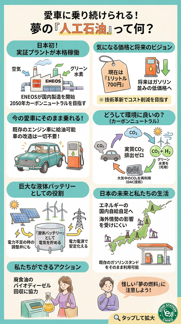 人工石油とは何かをやさしく解説。1リットル700円の理由やEVとの違い、今の車に乗り続けられる未来まで、生活にどう影響するかが分かる内容です。 インフォグラフ