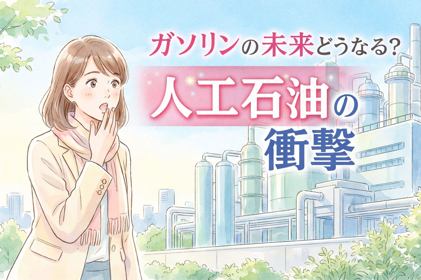 人工石油の製造プラントを見て驚く女性