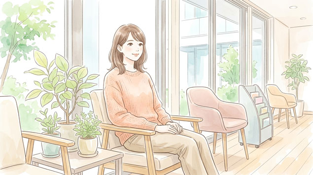 明るいクリニックの待合室でリラックスして座る女性のイラスト
