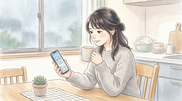 スマートフォンで天気・気圧アプリを確認しながらホットドリンクを飲む女性のイラスト