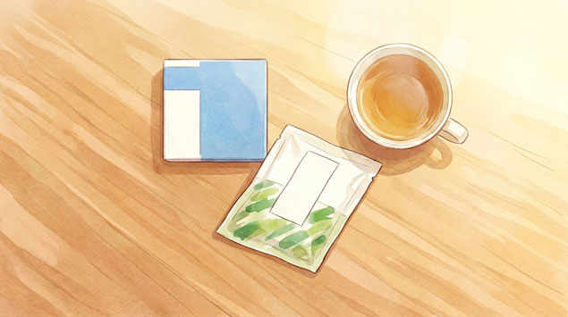 鎮痛剤と漢方薬の箱が並ぶイラスト、温かみのある薬箱のイメージ