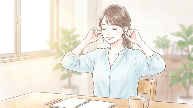  耳を両手で上下に優しく引っ張っている女性のイラスト