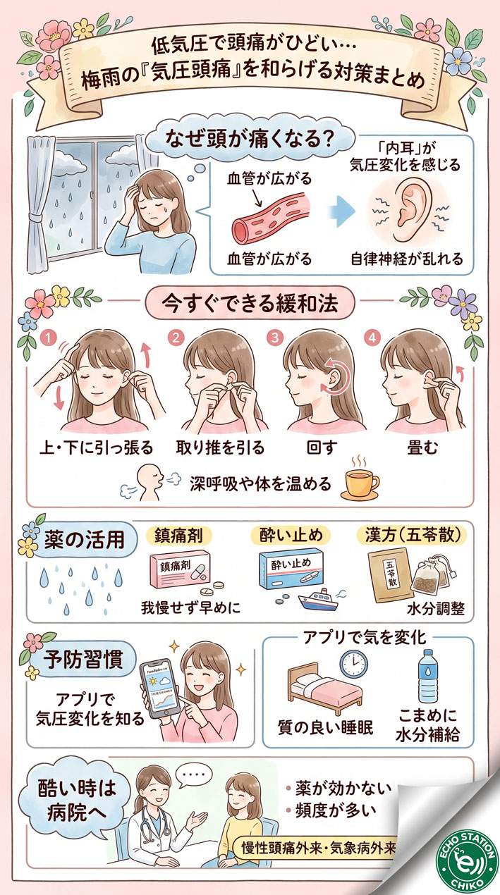 低気圧で頭痛がひどい…梅雨の「気圧頭痛」を和らげる対策まとめインフォグラフ