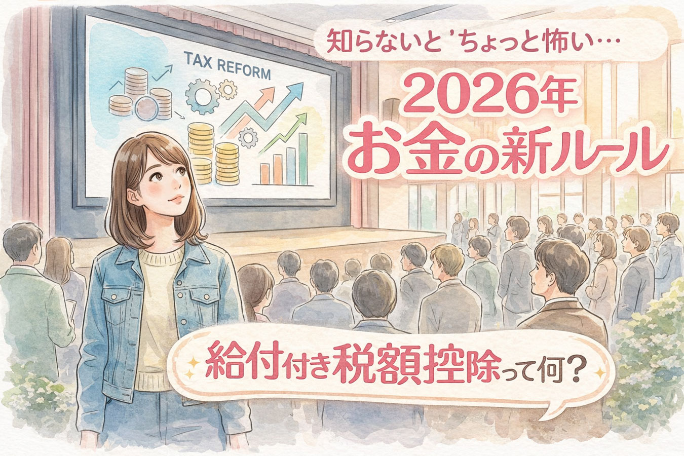 給付付き税額控除の制度発表を見ている女性 知らないと損する？ 2026年の税金ルール ついに変わる