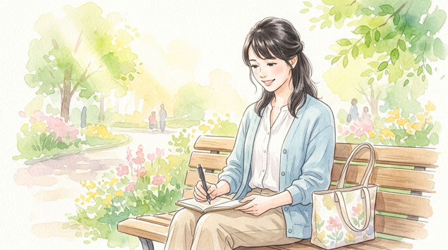 PIC6 | alt: 春の公園でベンチに座り手帳を見ながら笑顔の30代日本人女性