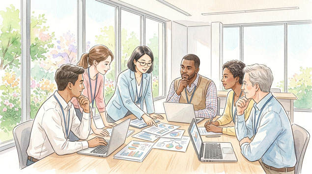 PIC5 | alt: グローバルな医療カンファレンス会場でプレゼン資料を見ながら議論する研究者たちのイラスト