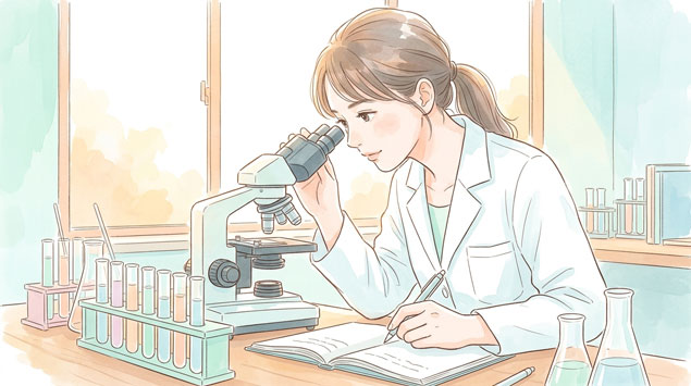 PIC4 | alt: 研究室で顕微鏡をのぞきながら真剣な表情でメモをとる女性研究者のイラスト
