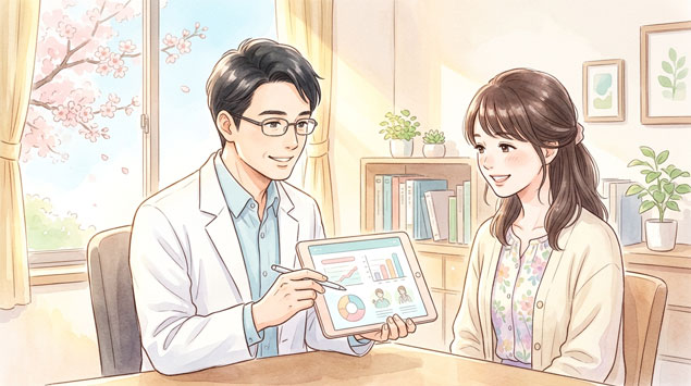 PIC3 | alt: 白衣の医師が患者にタブレットで検査データを丁寧に説明しているシーン