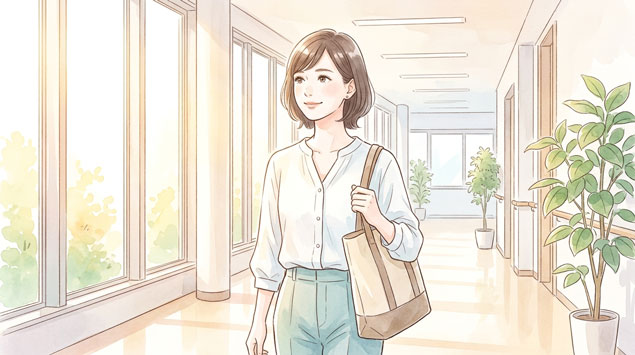 PIC2 | alt: 外来の明るい病院の廊下を歩く30代の日本人女性患者