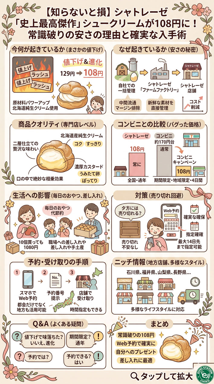 【知らないと損】シャトレーゼのシュークリームが108円に値下げ！品質アップで「史上最高傑作」と話題 インフォグラフ