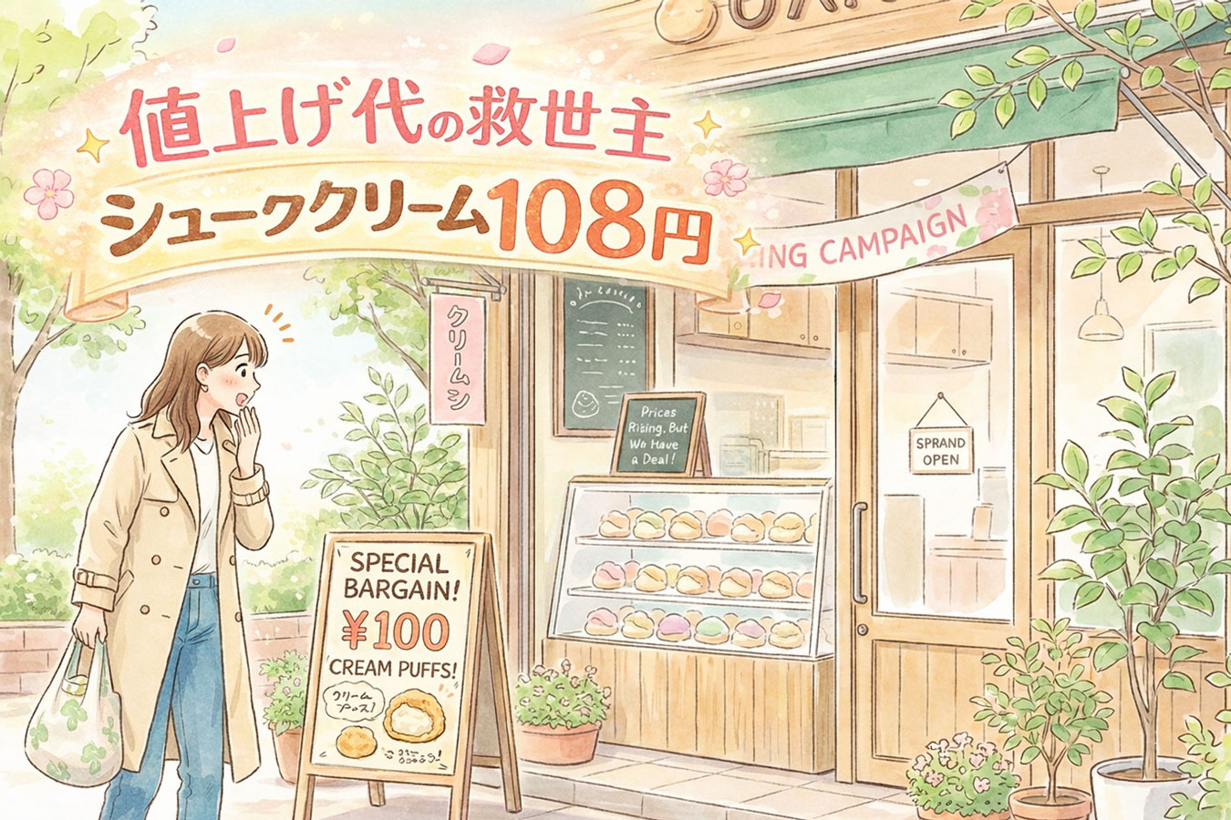 シャトレーゼ風のスイーツ店の前でお得なシュークリームに驚く女性のイラスト